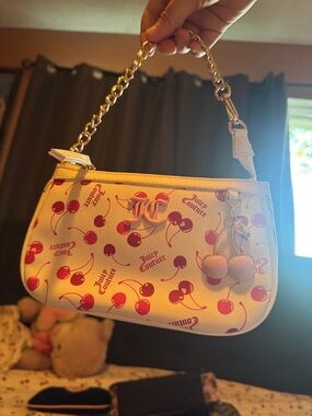 Juicy Couture White Mini Bag with Pink Cherry Print and Gold Chain